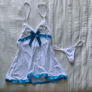 Never Worn Sheer White w/ Blue Ribbon Lingerie Set